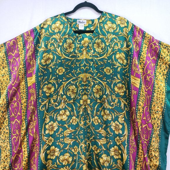 Winlar Multicolor Colorful Bold Boho Satin Floral Moo Moo Kaftan Maxi Dress - Picture 2 of 10